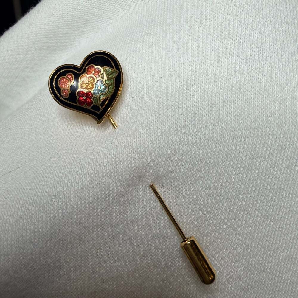 Vintage Cloisonné Enamel Heart Stick Pin with Floral and Butterfly Design